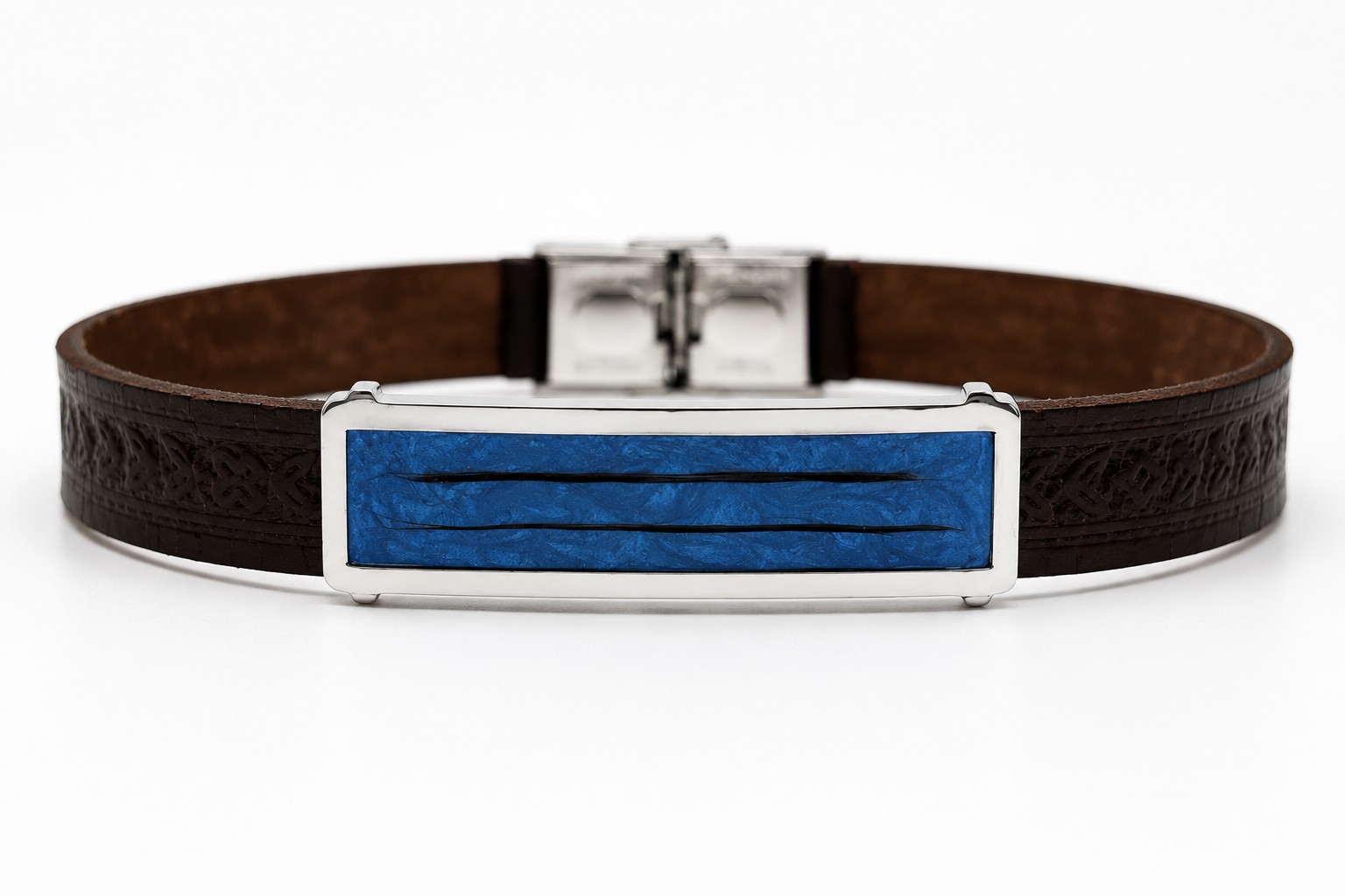 Pulsera de hombre personalizada con pelo encapsulado en resina azul y cuero marrón